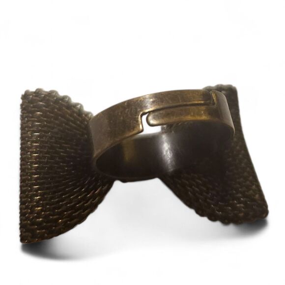 Vintage Bronze Metal Mesh Bow Ring Adjustable Band Retro Statement Cocktail Y2K - Picture 7 of 7
